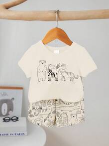 SHEIN 可爱多彩动物印花男宝宝套装，圆领短裤，男宝宝夏季服装，男宝宝夏季套装，男宝宝夏季服装，男宝宝休闲短袖夏季套装 - 彩色 - 查看 2