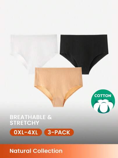 LUVLETTE Plus 3-Pack Cotton Basics High Waist No-Show Women Underwear Panties Set-Comfortable Must-Haves