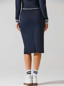 Fluxe 女士休闲可拆卸蝴蝶结和字母刺绣 A 字裙 - 藏蓝色 - 查看 5