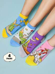 LE PETIT PRINCE X SHEIN 4 双柔软透气吸湿排汗休闲女士短袜时尚可爱卡通图案短袜加固脚趾和脚跟，适合所有季节，百搭，月亮和星星