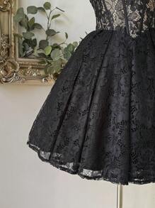 Lovelzi Elegante, romántico, de moda, de malla, negro, tela de encaje, espina de pescado, adecuado para vacaciones, discoteca, fiesta, resort, fiesta de cóctel, registro, vestido de gala, Día de San Valentín - Negro - Ver 7