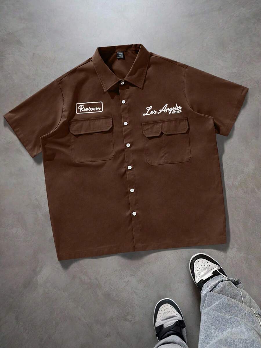 PAVTROS Manfinity Streetrush 男式宽松实用口袋设计休闲衬衫，蓝色纽扣式短袖衬衫，多口袋休闲衬衫，棕色图案洛杉矶评论家机械师衬衫棕色衬衫男士图案棕色纽扣式洛杉矶衬衫评论家衬衫男士图案 T 恤 - 咖啡棕 - 查看 1