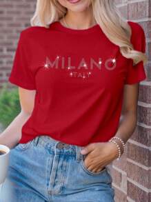 Flirla Camiseta casual de mangas cortas con lentejuelas calientes y texto "MILANO ITALY" para mujer