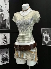 EgrlEra Women's Tie-Dye Base Punk Retro Print Rhinestone V-Neck Short Sleeve T-Shirt