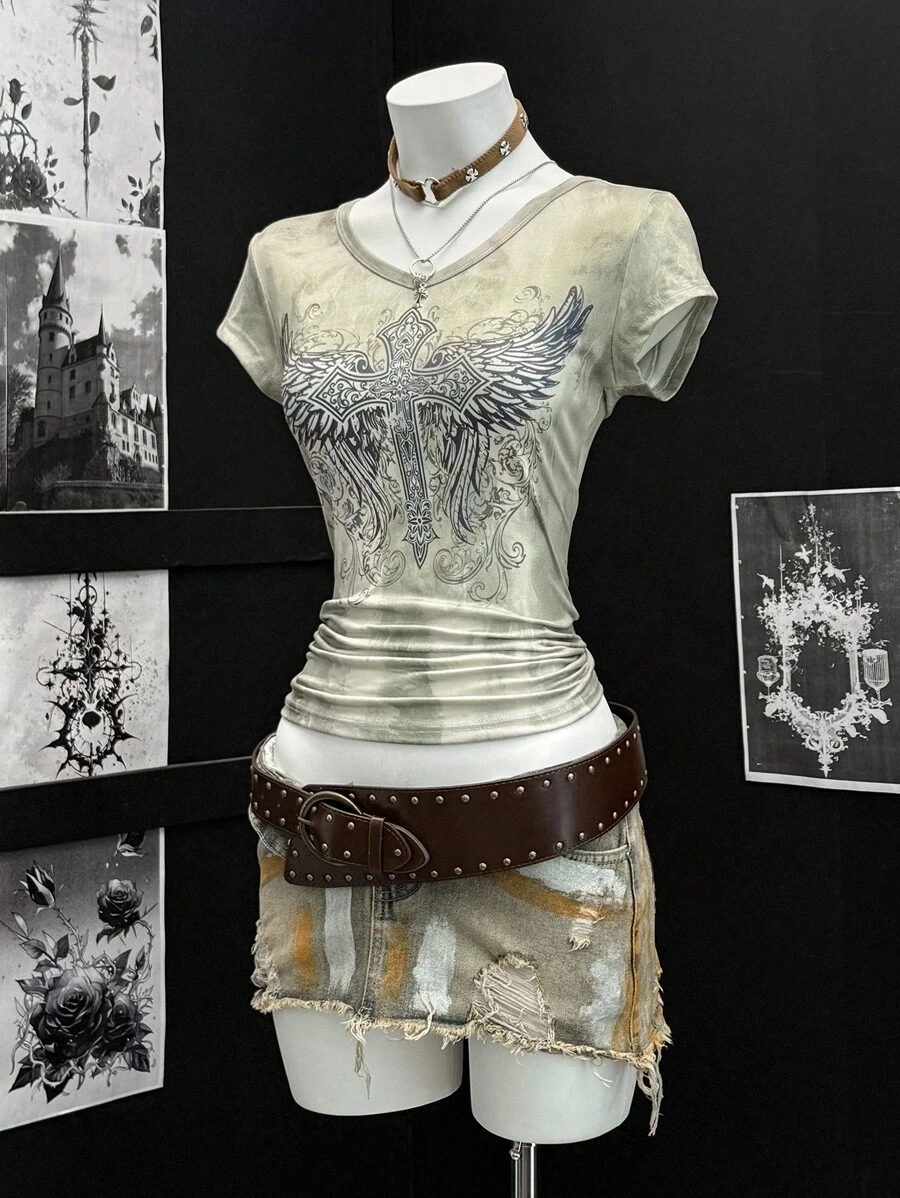 EgrlEra Women's Tie-Dye Base Punk Retro Print Rhinestone V-Neck Short Sleeve T-Shirt