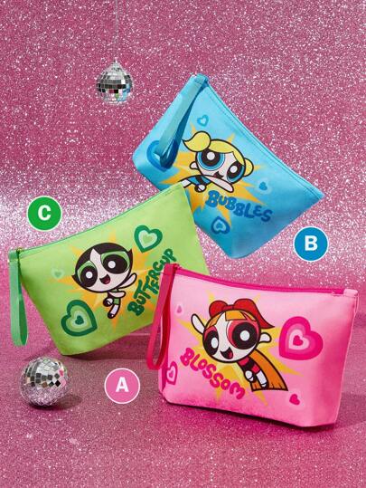 THE POWERPUFF GIRLS X SHEIN 1 pieza Bolsa de cosméticos ligera de poliéster con estampado de flor, burbujas y botón de oro, adecuada para almacenar cosméticos, artículos de papelería, artículos de primera necesidad, productos digitales, ideal para ir al trabajo, la escuela, viajar, apta para hombres, mujeres y estudiantes, burbujas, flor, botón de oro, amistad, amor