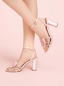 CUCCOO DOLLMOD 8.6cm Thick Heel Fashion Strap High Heel Round Toe Sandals, Pink Satin Fabric Bow Decor + Rhinestone Strap Craftsmanship - Pink - View 5