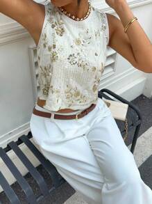 SHEIN Essnce Siren Gaze 女士亮片刺绣圆领无袖宽松背心，性感亮片露背吊带衫，新款串珠上衣，圆领上衣，女士沙滩装，奶油黄上衣，海岛度假装，优雅女士露背亮片上衣，演唱会装，狂欢节装，伊比沙岛装，串珠上衣，女士西部性感可爱无袖上衣 - 杏色 - 查看 5