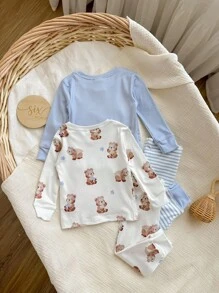 4 bộ đồ ngủ tay dài vừa vặn in họa tiết gấu & sọc dễ thương & quần dài mềm mại & thoải mái cho bé trai - Màu be - Xem 2
