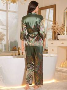 LuxeNights New Women's Faux Silk Printed Long Pants & 3/4 Sleeve Kimono Cardigan Pajama Set - Multicolor - View 2