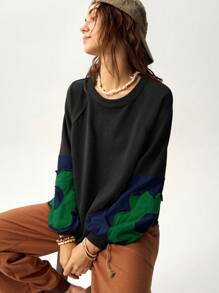 Bohemela Women's Solid Color Block Crew Neck Long Sleeve Floral Decor Sweatshirt, Casual Wear Fall Topspull Oversizeblouse Green Oversized Tops Aesthetic Tops Sleeve Top Oversized Graphic Tees Women Long Sleeve Tops, - Multicolor - View 6