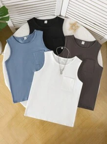 Back To School Fashion 4pcs/Set Big Girl Casual Knit Round Neck Camisole, Mist Blue, Milky White, Light Gray, Dark Gray, Spring/Summer Boys Sleeveless Tops Boys Summer Tank Tops Boys Tank Tops - Multicolor - View 3