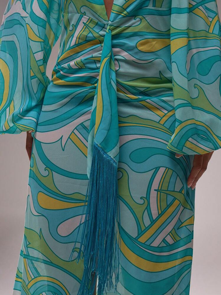 MUSERA Deep V Neck Loose Fit Tassel Detail All Over Print Long Sleeved Maxi Dress Spring Summer Vacation Elegant Wedding Guest Holiday Beach Ibiza Long Dress - Blue - View 6