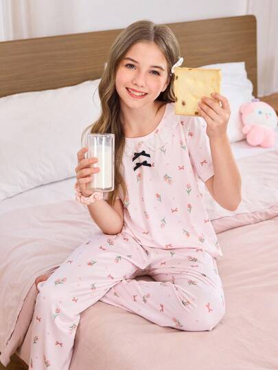 2件套女童刺绣花领短袖上衣和裤子睡衣套装