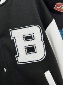 INAWLY 女式字母贴花撞色前扣休闲长袖夹克 - 黑與白 - 查看 6