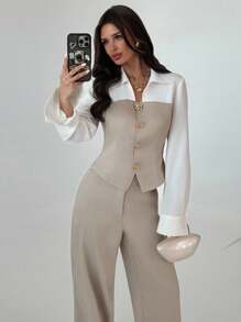 Firerie Casual And Elegant Apricot Imitation Linen Patchwork Shirt And Loose Straight Suit Pants Two Pieces Suit For Women / Fall Women Clothes / Commuting Wear / Teacher Clothing / Back To School Season / Old Money / Business Casual Woman / Office Attire For Women - Apricot - View 8