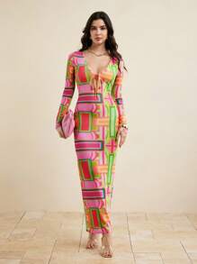 Abeille Creations Váy maxi dài tay cổ chữ V thấp in họa tiết hình học trừu tượng nhiều màu - Nhiều màu - Xem 1