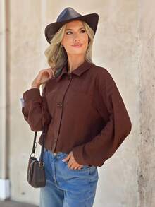 SHEIN LUNE Women Casual Fashion Versatile Commuting Minimalist Brown Button Up Shirt Christmas Business Western Wear Country Teacher In Fall/Winter - Brown - View 4
