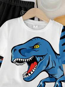 SHEIN 2 pièces/Set Style décontracté jeune garçon Vert militaire Dinosaure et Animal de bande dessinée blocs de couleurs Y2K Sportif Vacances Col rond Haut à manches courtes et Pantalon - Multicolore - Voir 4