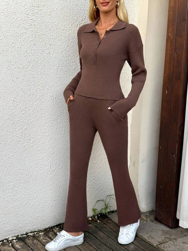 Women's Casual Solid Color Half-Button Knit Sweater And Pants Two Pieces Set Women Apparel-Women Clothing-Women Jumpsuits & Bodysuits-Women UnitardsWomen Apparel-Women Clothing-Women Knitwear-Women Sweater Co-OrdsWomen Apparel-Women Clothing-Women Tops, Blouses & Tee-Women Tops Fit Type: Slim FitType: PantsBottom Type: PantsSpecific Pattern: PlainDetails: Button Front Autumn Winter Clothes For Women