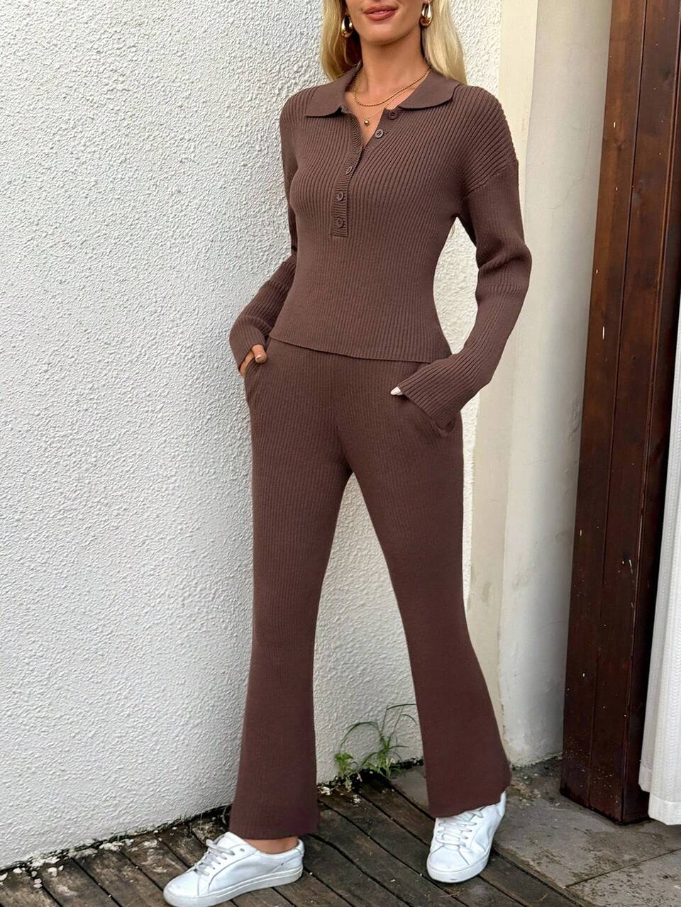 Women's Shades Of Brown Half-Button Knit Sweater And Pants Two Pieces Set,Autumn Casual Lounge Slim Fit Solid Ribbed Knitwear,Button Front Clothes