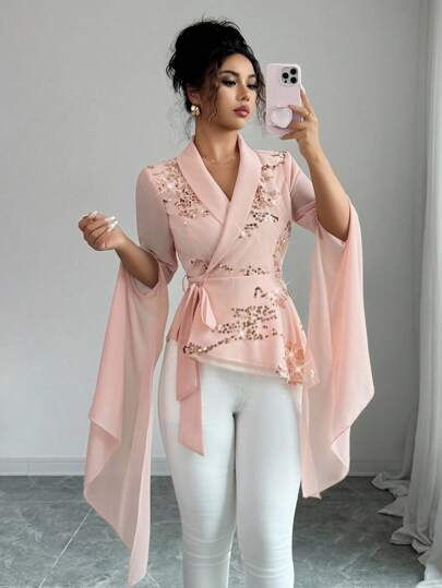 Elenzga Women's Fashionable Elegant V-Neck Layered Asymmetric Hem Flare Sleeve Blouse With Tie Waist, Textured Fabric, Solid Color With Sequins, Flattering Fit, Suitable For Summer To Early Autumn Fall Cloth For Women