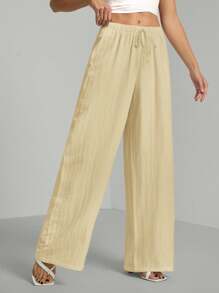 SHEIN Tall Lösa byxor i bomull med dragsko i midjan i texturerat, krinklat tyg - Gul - Visa 5