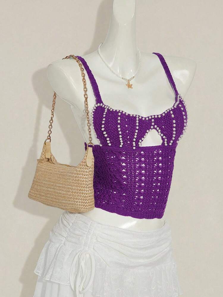 SHEIN ICON 度假休闲串珠装饰吊带背心镂空针织上衣 - 紫色 - 查看 5