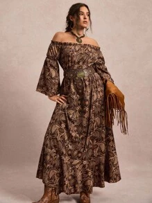 Freevana Váy dài tay trễ vai in họa tiết cổ điển cỡ lớn - Nhiều màu - Xem 6