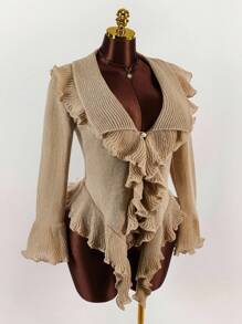 SHEIN CURVE+ Áo khoác cardigan tay loe bèo nhún cỡ lớn thời trang thu đông cho nữ phong cách mới, thời trang, gợi cảm, ngọt ngào, cỡ lớn - Màu Khaki - Xem 6