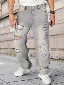 Manfinity Homme Plus Size Men's Casual Washed Distressed Denim Jeans - Grey - View 8