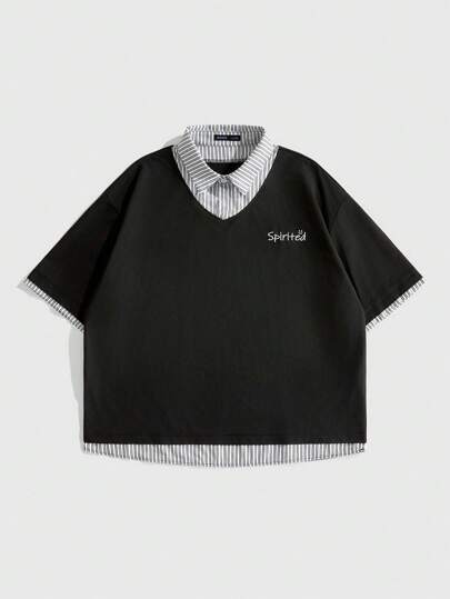 Prep Camiseta casual de verano para hombres con rayas y parches