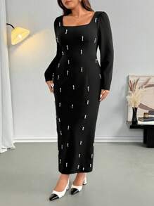 Firerie Vestido maxi elástico de manga larga con perlas, unicolor, talla grande, adecuado para ir al trabajo, oficina, ocasiones formales, fiestas, reuniones, temporada primavera/otoño/invierno