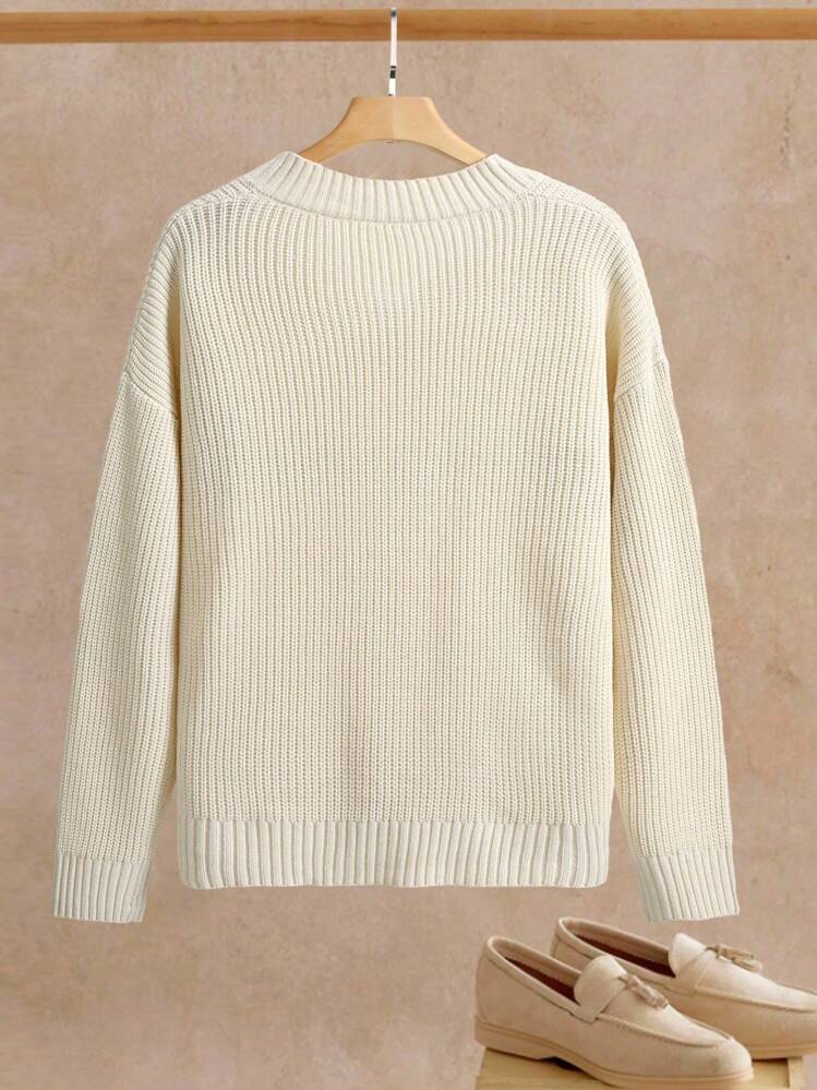 Manfinity Homme 男士纯色V领休闲宽松针织毛衣 - 杏色 - 查看 2