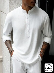 Manfinity Homme 男士棉质休闲长袖可调节袖口半襟立领衬衫和宽松长裤套装男士两件套服装