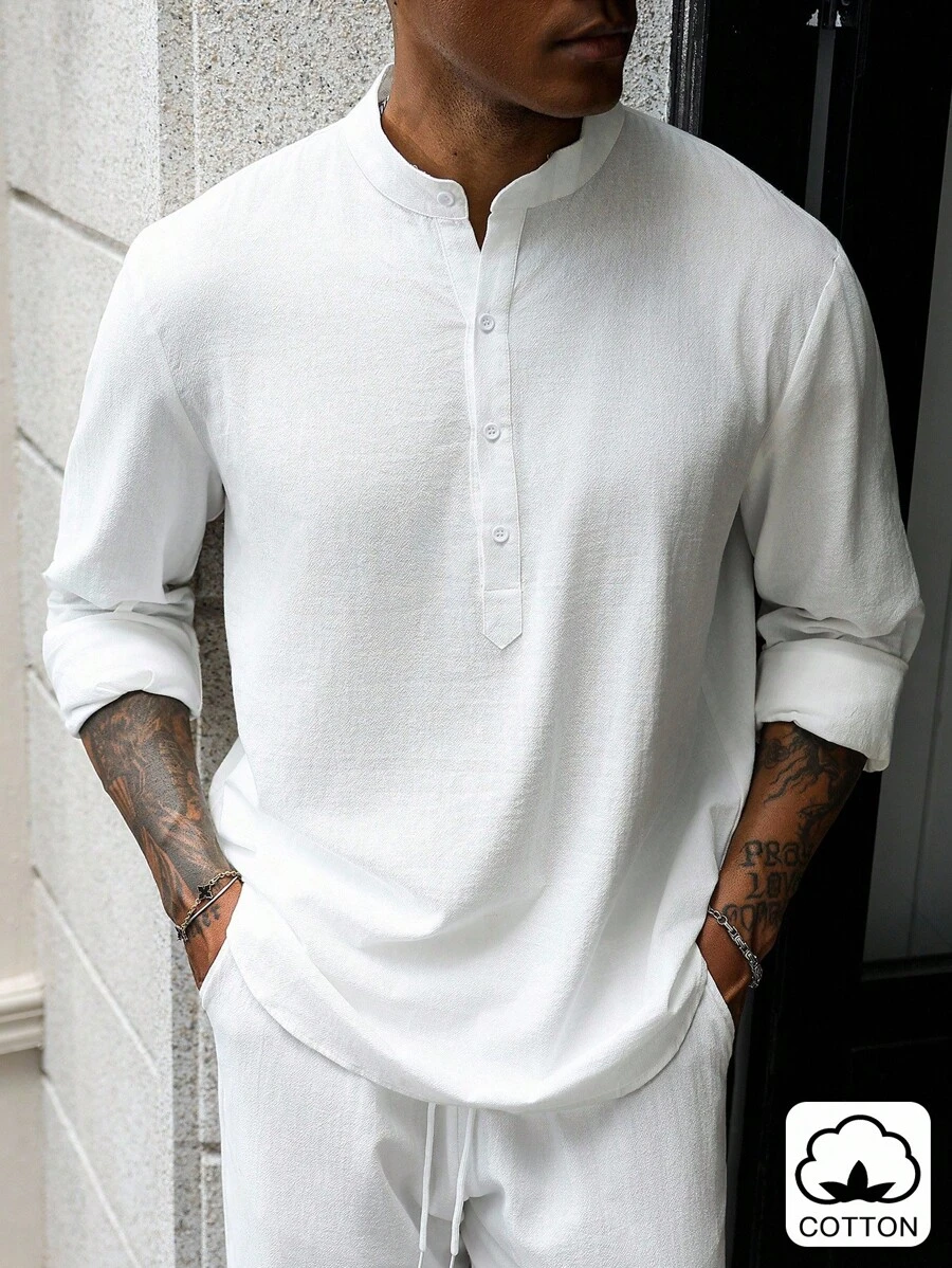 Manfinity Homme 男士棉质休闲长袖可调节袖口半襟立领衬衫和宽松长裤套装男士两件套服装