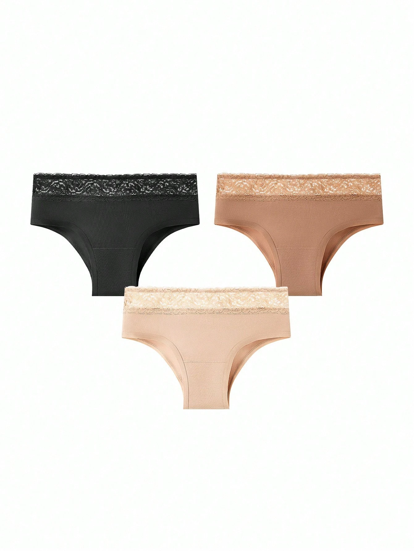 3er-Pack Spitzenbesatz Luftige Baumwolle Basis Lingerie Hüfthoch Cheeky Damen Unterwäsche Set - Erdtöne