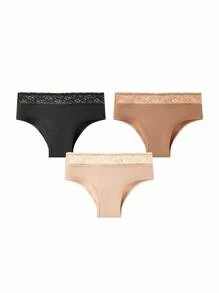 LUVLETTE 3 件装蕾丝边透气棉质基本款内衣中腰性感女士内衣内裤套装-大地色 - 彩色 - 查看 4