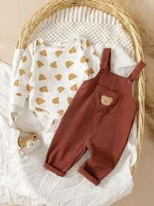 SHEIN Infant Boy Casual Everyday Outing Crinkle Fabric Cute Bear Print Bodysuit And Corduroy Bib Pants Set, Autumn Newborn Baby Boy Clothes Set Cute Baby Boy Clothes - Brown - View 3