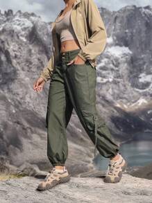 SHEIN Unity 女式工装口袋休闲抽绳宽松牛仔裤 - 軍綠色 - 查看 3