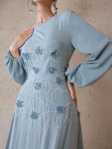 Modelyn Women's Round Neck Long Sleeve Lantern Sleeve Embroidered Beaded Long Dress - Green - View 3