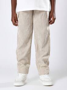 SUMWON Pantalon cargo rayé pour jeunes, taille élastique, coupe décontractée, poches, beige, confortable et durable, pantalon long pour l'été et le printemps