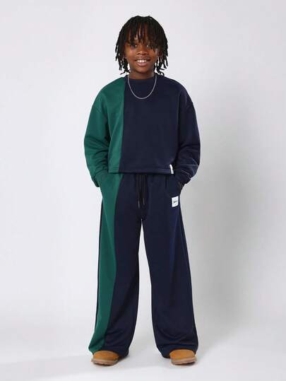 SUMWON 双色拼接卫衣阔腿裤套装，撞色设计，休闲街头风，秋冬系列，舒适罗纹饰边，青春时尚