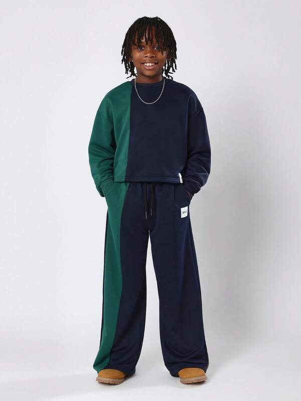 SUMWON 双色拼接卫衣阔腿裤套装，撞色设计，休闲街头风，秋冬系列，舒适罗纹饰边，青春时尚