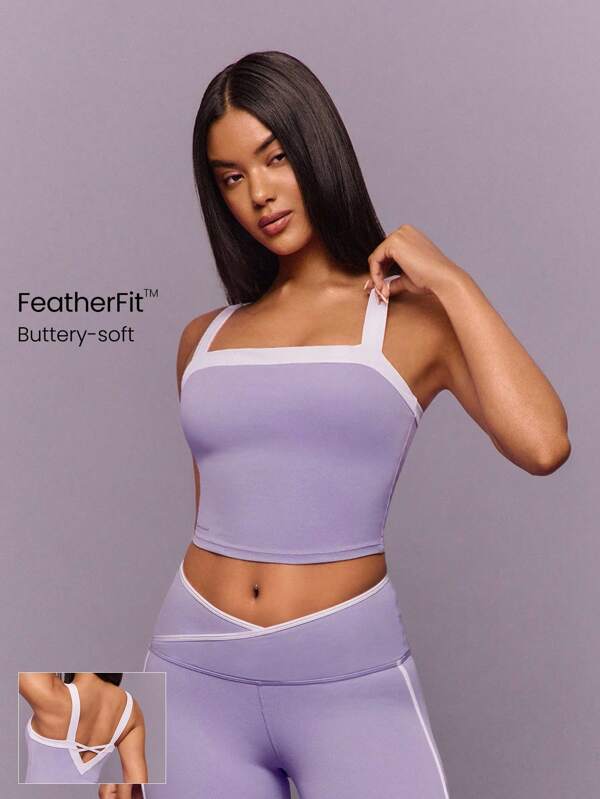 GLOWMODE FeatherFit™ Retro Glow Soft Stretchy Sweat-Wicking Removable Cups Deep V-Back Two-Tone Cropped Tank Top Low-Impact Yoga Pilates Barre Gym Studio Daily Casual Wear