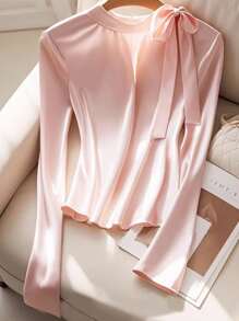 Franclia Tie Bow Casual & Commute Minimalist Vacation Style Women Blouse Fall Cloth For Women - Pink - View 7