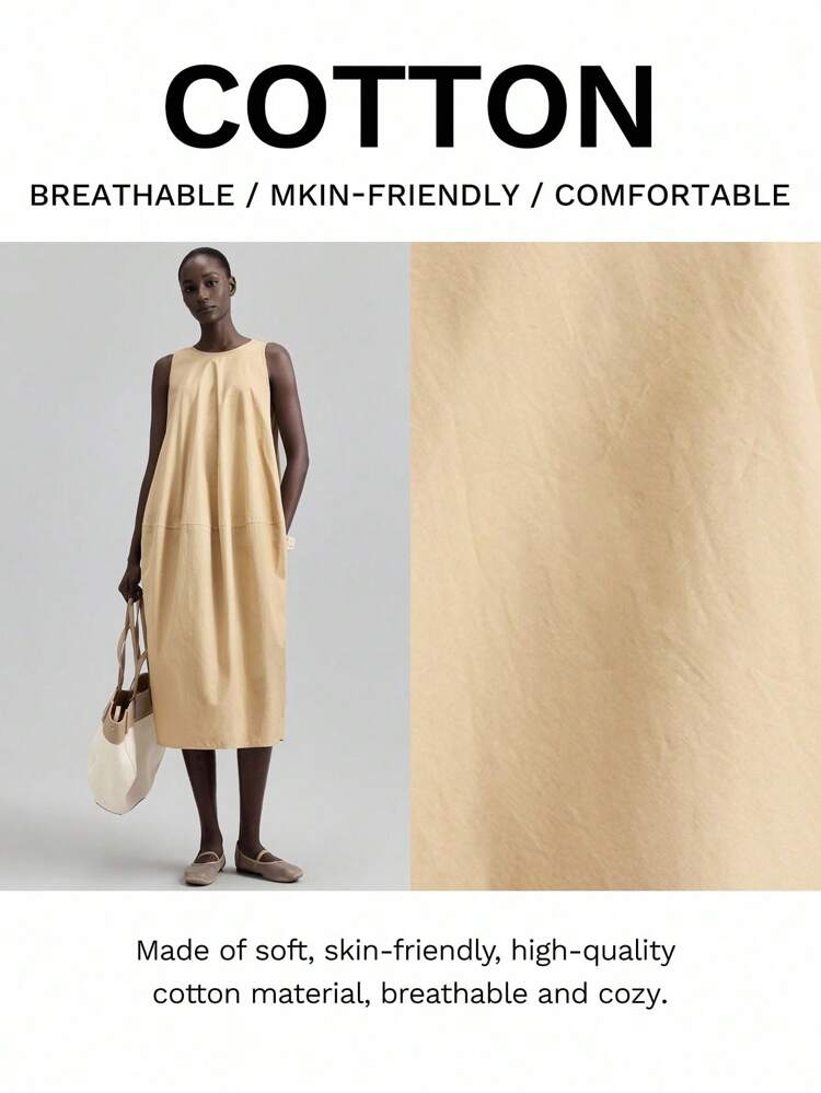 2025 Women Casual Loose Solid Color Round Neck Sleeveless Mid-Length Dress, Summer Butter Yellow Dress Yellow Cotton Dress Light Yellow Dress Linen Dress Women Midi Dress