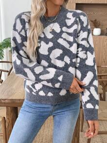 EMERY ROSE Women's Knitted Long Sleeve Crew Neck Pullover Jacquard Contrast Color Pattern Casual Fitted Sweater Gray Sweater Women Sweaters Fall Sweaters Leopard Print Sweater Animal Print Sweater Back To School Outfits Women Fall Clothes For Women Going Out Outfits - Grey - View 3
