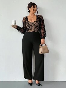 Firerie 加大码舒适休闲优雅度假百搭灯笼抽绳长袖连体裤，网眼，植绒拼接，带骨胸罩杯，紧身弹力，适合女式，春夏季 - 黑色 - 查看 6