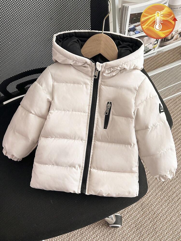 SHEIN 婴幼儿男童新款冬季连帽加厚棉服，拉链贴片标志，男婴秋冬外套，百搭款式 - 白色 - 查看 1